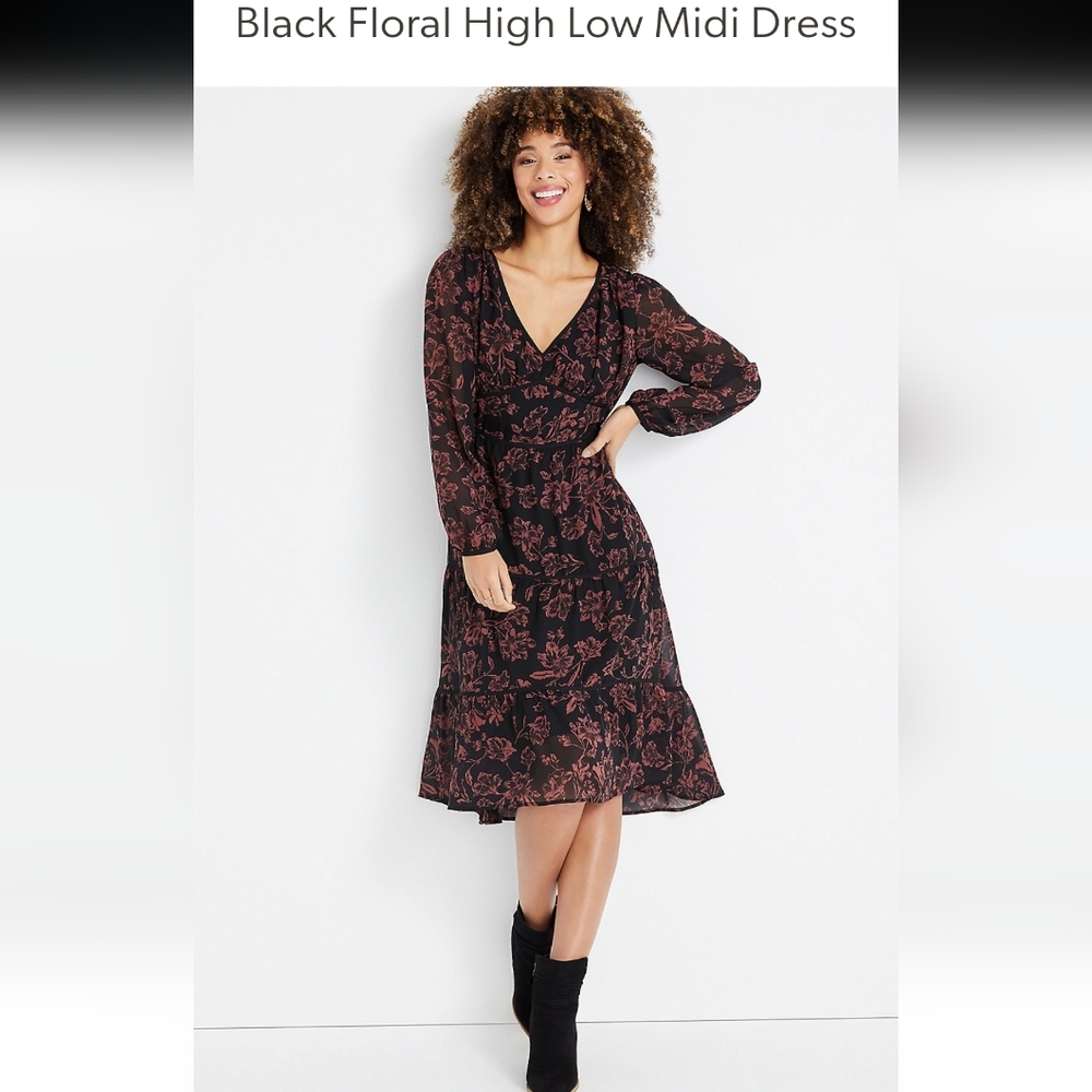 Maurices Black Floral Long Sleeve Dress